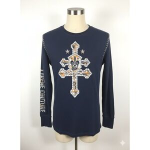 Xtreme Couture Mens Thermal Shirt Navy Blue Graphic Cross Long Sleeve Medium